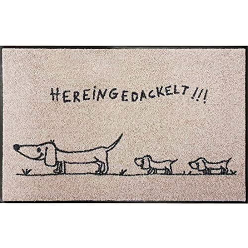 Salonloewe Fußmatte waschbar 50x75 cm Hereingedackelt Family beige mit Motiv Dackel Familie Schmutzfangmatte Fußabtreter Sauberlaufmatte Türvorleger Hunde von Salonloewe