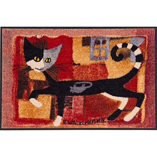 Salonloewe Rosina Wachtmeister Fußmatte Ivano with Mouse 50x75 cm Eingangs-Matte Haustür waschbar Katzen bunt rot von Salonloewe