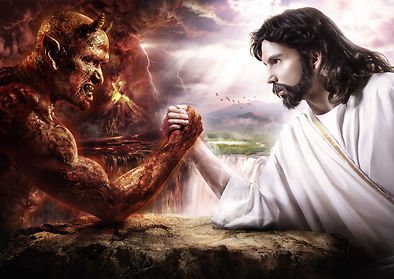 Poster mit Jesus und der Teufel – Armwrestle – A3 – Kunstdruck – Bild – Kunst von Salopian Sales