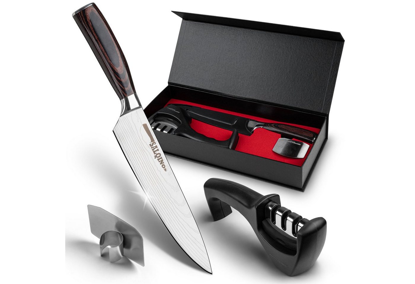 Salqinos® Allzweckmesser - Profimesser aus Carbon Edelstahl mit Messerschärfer & Fingerschutz von Salqinos®