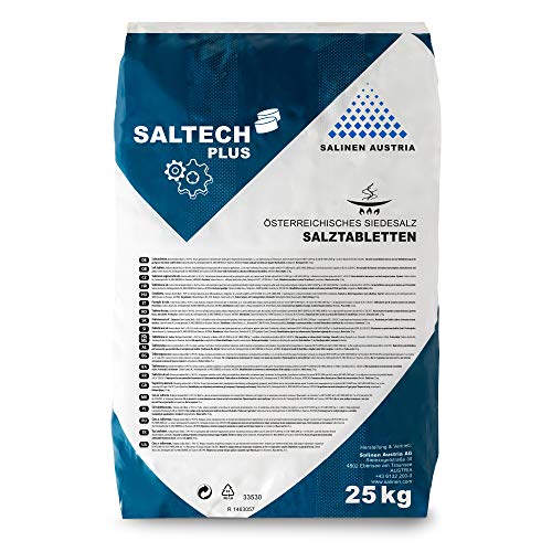 SALTECH Plus Salztabletten im 25kg Sack für Wasserenthärtungsanlagen, Entkalkung & Elektrolyse I Hochreines Regeneriersalz (99,9 NaCl) mit höchster Löslichkeit für sauberes & weiches Wasser von Saltech