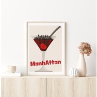 Manhattan Cocktail Kunstdruck, Retro Poster, Mid Century Druck, Küchen Dekor, Haus Bar Stadt Bei Nacht, Druck von SaltedJamStore