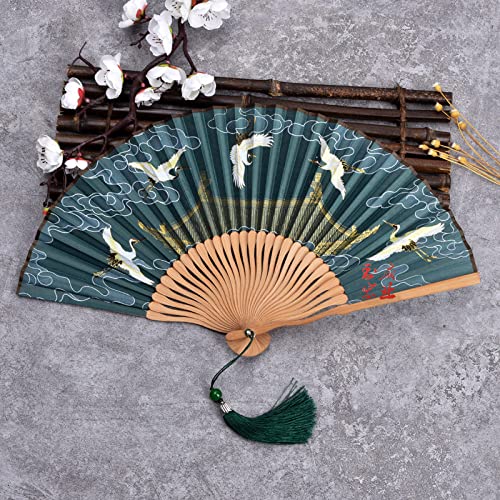 Faltbarer Handfächer mit chinesischen Kranichen und glücksverheißenden Wolken, Seidenstoff, Bambusrippen, Handfächer für Hochzeit, Party, Geschenk, Wanddekoration, Grün von SaluDaby