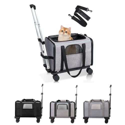 Saluaqui Pet Trolley -Tasche mit Teleskopgriff - Abnehmbarer Rollträger für Kleine Hunde und Katzen Tragbarer Reiseträger mit Netzfenster und Taschen (Schwarz mit weißen Kanten) von Saluaqui