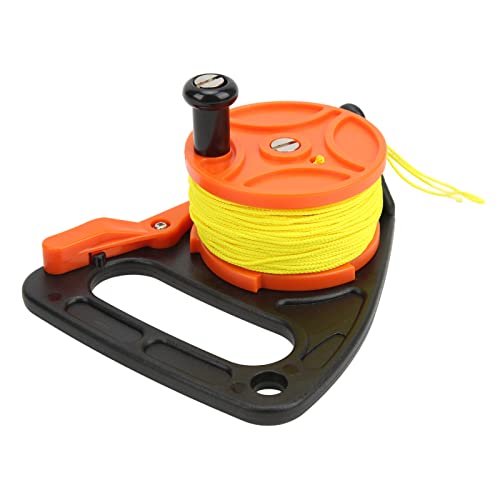 Saluaqui Tragbare Tauchrolle mit Daumenstopper Zum Schnorcheln Unter Wasser Wasser Sport | Tauchfischerei mit 46 M Gelbem Nylonfaden und Schwarzer, Einziehbarer Spulenregler (orangefarbenes Rad) von Saluaqui