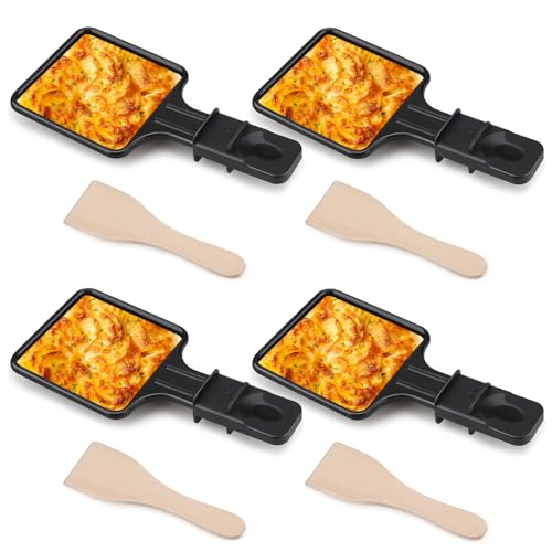 Salubohum 4 Stück Raclette Pfännchen, Käse Grillpfannen, antihaftbeschichtet, mit 4 Holzschaufeln für den universellen Elektrogrill, Grillen von Käse, Eiern von Salubohum