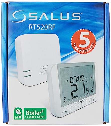 Salus RT520RF Batteriebetriebener Digital Programmierbarer Funk-Raumthermostat Funk-Thermostat mit großem Display, Weiß, 118 x 95 x 26 mm von Salus Controls