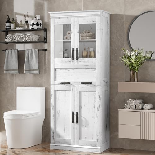 Badezimmerschrank, hoch, 4 Türen und 5 Ebenen, kippsicher, mit transparentem Glas und verstellbaren Regalen, Aufbewahrungsmöbel für Badezimmer für Wohnzimmer, 170 x 60 x 31 cm, Antikweiß Badezimmerschrank, hoch, 4 Türen und 5 Ebenen, kippsicher, mit transparentem Glas und verstellbaren Regalen, Aufbewahrungsmöbel für Badezimmer für Wohnzimmer, 170 x 60 x 31 cm, Antikweiß von Salutmeuble