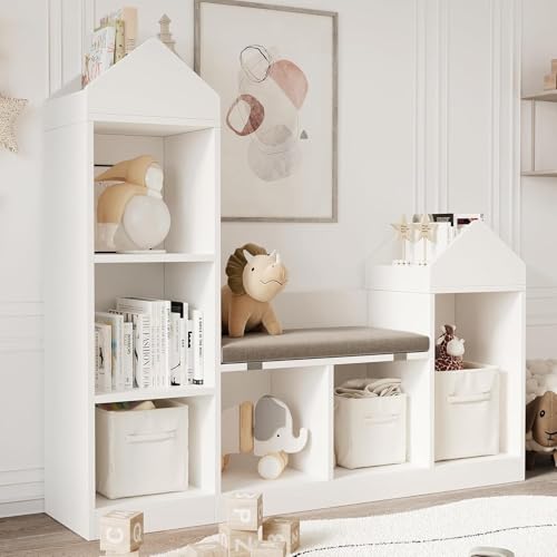 Bücherregal für Kinder mit Kissen, Aufbewahrungsmöbel für Spielzeug, Kinderregal aus Holz mit Kippschutz, für Kindergärten, Kindergärten und Zuhause, weiß von Salutmeuble
