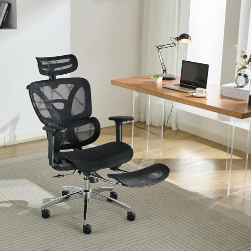 Ergonomischer Bürostuhl, Bürostuhl aus Netzstoff, hohe Rückenlehne, mit Fußstütze, verstellbare Lendenwirbelstütze, Kopfstütze, Gaming-Stuhl für Büro und Zuhause, bis zu 182 kg, Schwarz Ergonomischer Bürostuhl, Bürostuhl aus Netzstoff, hohe Rückenlehne, mit Fußstütze, verstellbare Lendenwirbelstütze, Kopfstütze, Gaming-Stuhl für Büro und Zuhause, bis zu 182 kg, Schwarz von Salutmeuble