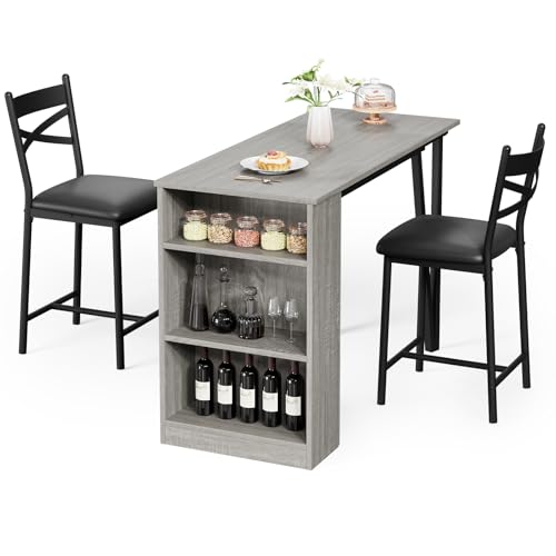 Esstisch-Set für 2 Personen, 40 cm breite Kissen für eine bequeme Sitzfläche, Bartisch und Stühle mit ausziehbarer Verlängerung, geeignet für 2 bis 4 Personen (Grau) von Salutmeuble