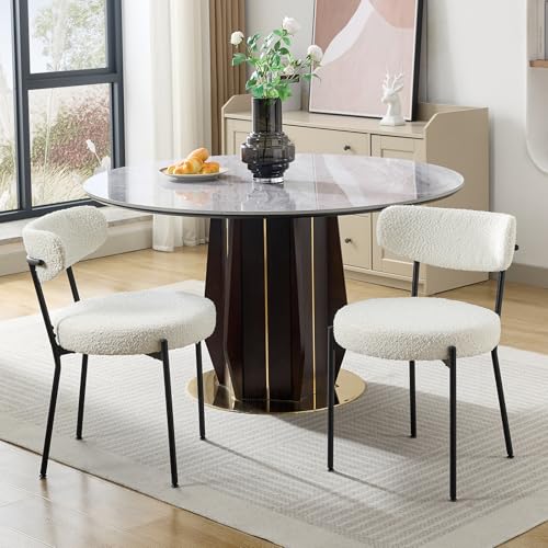 Esszimmerstühle, 2er-Set, runde weiße Stühle, Mid-Century Modern-Stil, gepolsterte Esszimmerstühle mit gebogener Rückenlehne, Schwarze Metallbeine (2er-Pack) von Salutmeuble
