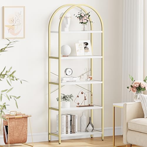 Gold Bücherregal, 5 stöckiges Bücherregal, gewölbte Präsentationsregale, hohe stehende Bücherregale, Metallrahmen, modernes Lagerregal, großes Bücherregal aus Holz für Schlafzimmer, Wohnzimmer von Salutmeuble