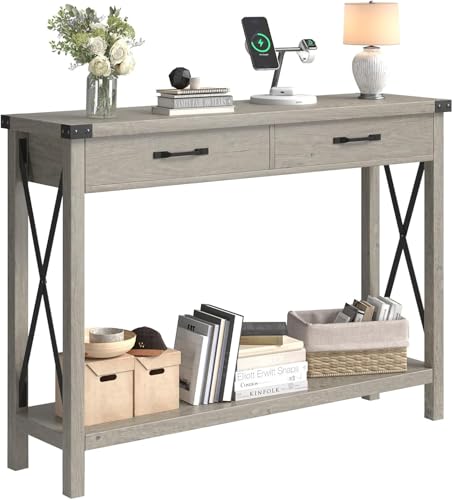 Konsolentisch, grau, Konsole für Eingangsbereich mit 2 Schubladen, Sofatisch aus Holz mit Regal, X-förmiges Design, Eckschutz aus Metall, für Eingang, Wohnzimmer, Flur, 109 x 30,5 x 76 cm von Salutmeuble