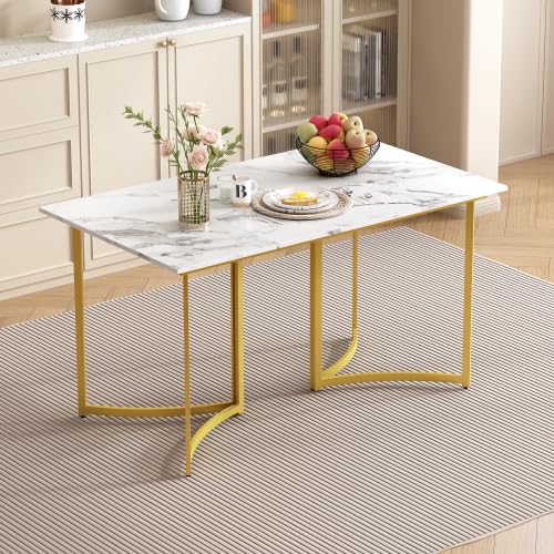Salutmeuble Moderner Esstisch Weiß mit Marmoroptik und gebogenen Tischbeinen, Verstellbare Füße für Esszimmer und Küche 140x80x75.5cm (Weiß+Gold) von Salutmeuble