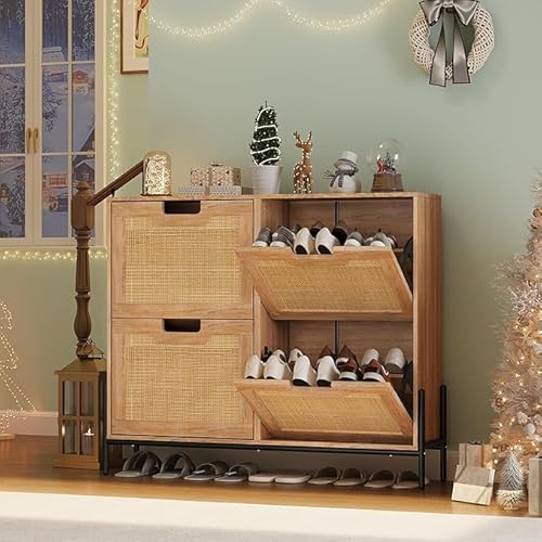 Salutmeuble Rattan Schuhschrank,Schuhschrank Schmal,Schuhkipper mit 4 Klappen,Versteckte, Verstellbare Einlegeböden,für Eingangsbereich, Flur 100x24x88cm, Holzfarbe von Salutmeuble