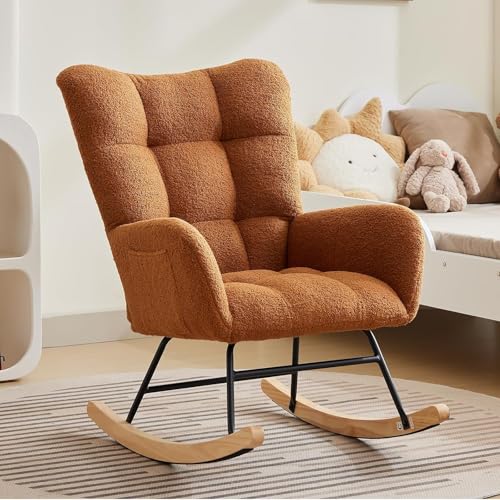 Schaukelstuhl für das Kinderzimmer, Schaukelstuhl zum Stillen im Wohnzimmer, gepolsterte Sessel aus Plüsch mit hoher Rückenlehne, Relaxsessel für das Schlafzimmer, Braun von Salutmeuble
