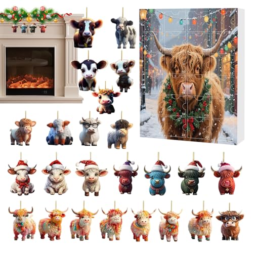Advent Countdown Kalender Highland Cow 24 Tage - Countdown Kalender Hochlandrind 2D Acryl Aufhängbare Ornamente - Tier Deko Für Auto Innenspiegel Wand Fenster Weihnachtsbaum Tür Party von Salyeeluly