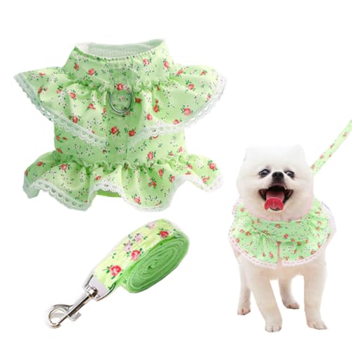 SamHeng Hundegeschirr und Leine Set Spitze Blumen Haustier Weste Verstellbar Ausbruchsicher Katzengeschirr Anti Zug Katze Brustgeschirr Prinzessinnenkleid für Mittlere Große Hunde Katzen (Grün-M) von SamHeng