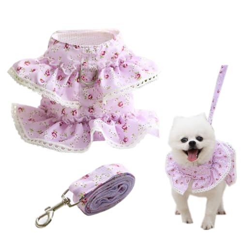 SamHeng Hundegeschirr und Leine Set Spitze Blumen Haustier Weste Verstellbar Ausbruchsicher Katzengeschirr Anti Zug Katze Brustgeschirr Prinzessinnenkleid für Mittlere Große Hunde Katzen (Lila-M) von SamHeng