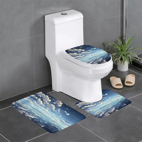 3-teiliges Badteppich-Set mit weißen Wolken über dem Meer, saugfähige Badezimmermatten, Badewanne, Duschvorleger, ideal für Schminktische und Ferienhäuser von SamLng