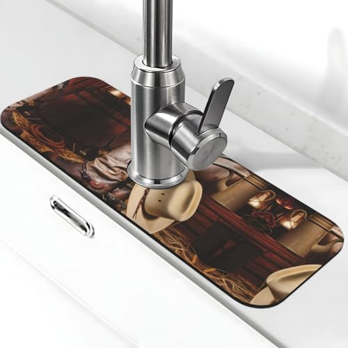Cowboy schwarzer Hut Westernstiefel Wasserhahn Saugnapf – saugfähige Abtropfmatte, Thekenschutz, dekorieren Waschbeckenarbeitsplatten und Kaffeebar von SamLng