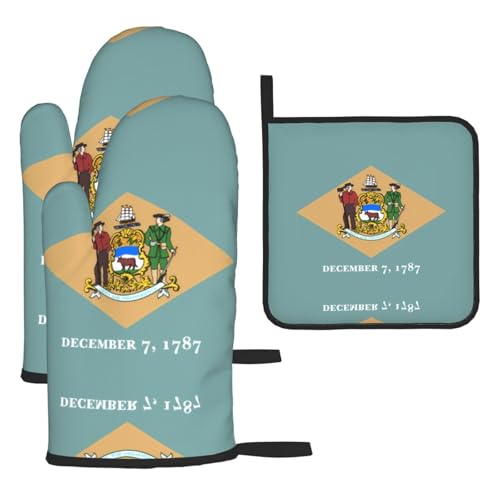 Flag of Delaware Ofenhandschuhe, Topflappen-Set, verbrühungssichere Mikrowellen-Ofenhandschuhe mit dem Komfort, Topfdeckel zu öffnen, 3 Stück Flag of Delaware Ofenhandschuhe, Topflappen-Set, verbrühungssichere Mikrowellen-Ofenhandschuhe mit dem Komfort, Topfdeckel zu öffnen, 3 Stück von SamLng