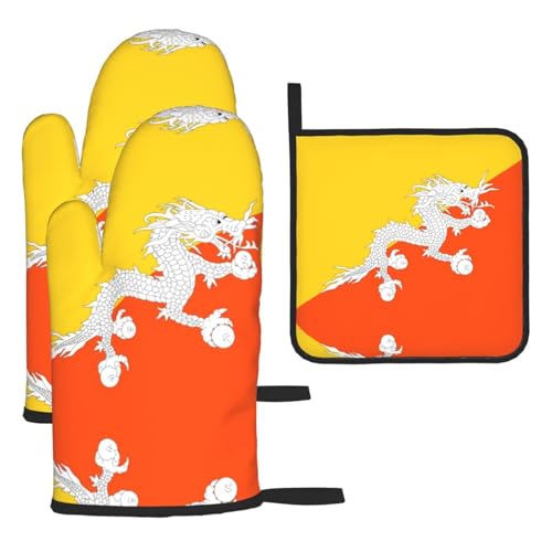 Ofenhandschuh-Set, Motiv: Flagge des Königreichs Bhutan, 3-teilig, verbrühungssichere Mikrowellen-Ofenhandschuhe mit dem Komfort zum Öffnen von Topfdeckeln Ofenhandschuh-Set, Motiv: Flagge des Königreichs Bhutan, 3-teilig, verbrühungssichere Mikrowellen-Ofenhandschuhe mit dem Komfort zum Öffnen von Topfdeckeln von SamLng