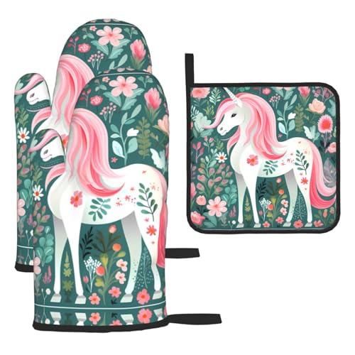 Ofenhandschuhe, Topflappen-Set, Motiv: Einhorn mit rosa Haaren, verbrühungssichere Mikrowellen-Ofenhandschuhe mit dem Komfort zum Öffnen von Topfdeckeln Ofenhandschuhe, Topflappen-Set, Motiv: Einhorn mit rosa Haaren, verbrühungssichere Mikrowellen-Ofenhandschuhe mit dem Komfort zum Öffnen von Topfdeckeln von SamLng