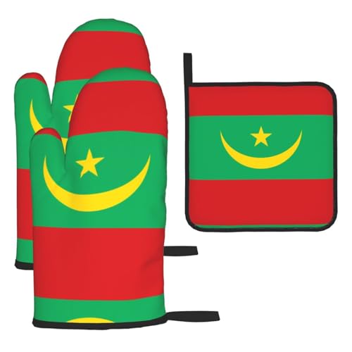 Ofenhandschuhe, Topflappen-Set, Motiv: Flagge Mauretaniens, verbrühungssichere Mikrowellen-Ofenhandschuhe mit dem Komfort zum Öffnen von Topfdeckeln, 3 Stück Ofenhandschuhe, Topflappen-Set, Motiv: Flagge Mauretaniens, verbrühungssichere Mikrowellen-Ofenhandschuhe mit dem Komfort zum Öffnen von Topfdeckeln, 3 Stück von SamLng
