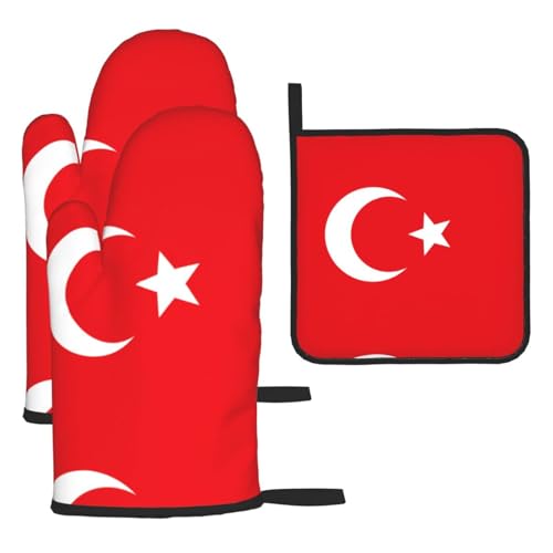 Ofenhandschuhe, Topflappen-Set, Motiv: Flagge der Türkei, verbrühungssichere Mikrowellen-Ofenhandschuhe mit dem Komfort zum Öffnen von Topfdeckeln von SamLng
