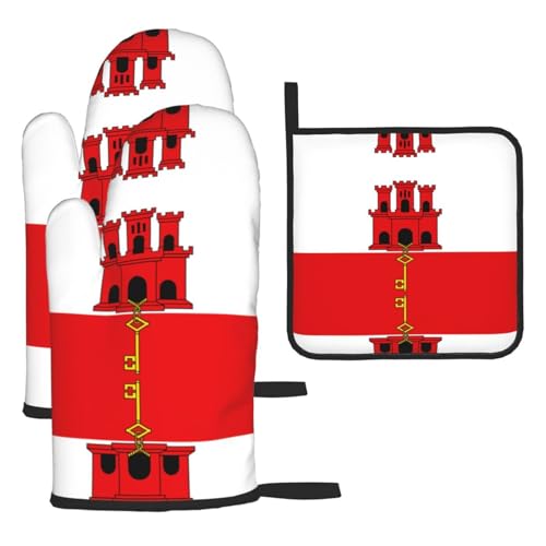 Ofenhandschuhe, Topflappen-Set, Motiv: Flagge von Gibraltar, verbrühungssichere Mikrowellen-Ofenhandschuhe mit dem Komfort zum Öffnen von Topfdeckeln, 3 Stück Ofenhandschuhe, Topflappen-Set, Motiv: Flagge von Gibraltar, verbrühungssichere Mikrowellen-Ofenhandschuhe mit dem Komfort zum Öffnen von Topfdeckeln, 3 Stück von SamLng