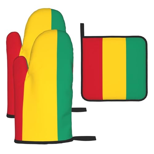 Ofenhandschuhe, Topflappen-Set, Motiv: Flagge von Guinea, verbrühungssichere Mikrowellen-Ofenhandschuhe mit dem Komfort zum Öffnen von Topfdeckeln von SamLng