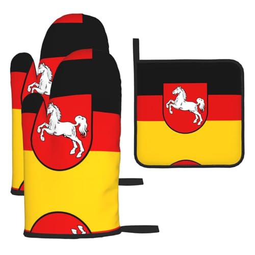 Ofenhandschuhe, Topflappen-Set, Motiv: Flagge von Niedersachsen, verbrühungssichere Mikrowellen-Ofenhandschuhe mit dem Komfort zum Öffnen von Topfdeckeln, 3 Stück Ofenhandschuhe, Topflappen-Set, Motiv: Flagge von Niedersachsen, verbrühungssichere Mikrowellen-Ofenhandschuhe mit dem Komfort zum Öffnen von Topfdeckeln, 3 Stück von SamLng