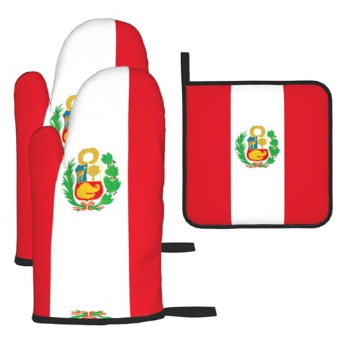 Ofenhandschuhe, Topflappen-Set, Motiv: Flagge von Peru, verbrühungssichere Mikrowellen-Ofenhandschuhe mit dem Komfort zum Öffnen von Topfdeckeln von SamLng