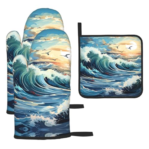 Ofenhandschuhe, Topflappen-Set, Motiv: Wellensegelboot, Möwe, verbrühungssichere Mikrowellen-Ofenhandschuhe mit dem Komfort, Topfdeckel zu öffnen, 3 Stück Ofenhandschuhe, Topflappen-Set, Motiv: Wellensegelboot, Möwe, verbrühungssichere Mikrowellen-Ofenhandschuhe mit dem Komfort, Topfdeckel zu öffnen, 3 Stück von SamLng