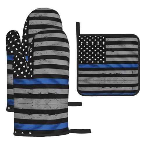 Ofenhandschuhe, Topflappen-Set, amerikanische dünne blaue Flagge, verbrühungssichere Mikrowellen-Ofenhandschuhe mit dem Komfort zum Öffnen von Topfdeckeln Ofenhandschuhe, Topflappen-Set, amerikanische dünne blaue Flagge, verbrühungssichere Mikrowellen-Ofenhandschuhe mit dem Komfort zum Öffnen von Topfdeckeln von SamLng
