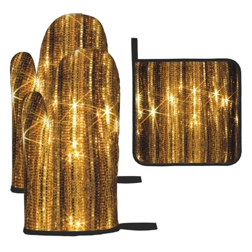 Ofenhandschuhe, Topflappen-Set, glitzernd, goldfarben, glitzernd, 3-teilig, verbrühungssichere Mikrowellen-Ofenhandschuhe mit dem Komfort zum Öffnen von Topfdeckeln Ofenhandschuhe, Topflappen-Set, glitzernd, goldfarben, glitzernd, 3-teilig, verbrühungssichere Mikrowellen-Ofenhandschuhe mit dem Komfort zum Öffnen von Topfdeckeln von SamLng