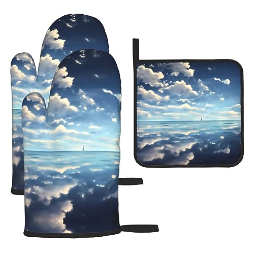 Ofenhandschuhe, Topflappen-Set, weiße Wolken über dem Meer, verbrühungssichere Mikrowellen-Ofenhandschuhe mit dem Komfort zum Öffnen von Topfdeckeln Ofenhandschuhe, Topflappen-Set, weiße Wolken über dem Meer, verbrühungssichere Mikrowellen-Ofenhandschuhe mit dem Komfort zum Öffnen von Topfdeckeln von SamLng