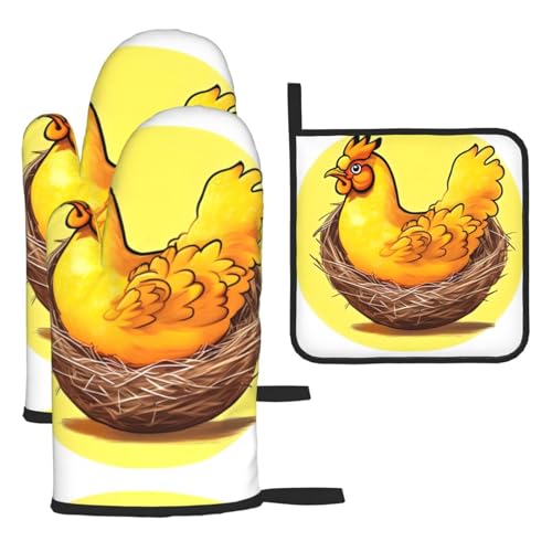 Ofenhandschuhe mit Vogelnest, goldfarbenes Huhn, 3 Stück, verbrühungssichere Mikrowellen-Ofenhandschuhe mit dem Komfort zum Öffnen von Topfdeckeln von SamLng