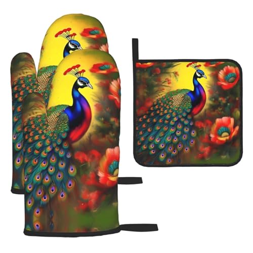 Pfauenblumen-Ofenhandschuhe, Topflappen-Set, verbrühungssichere Mikrowellen-Ofenhandschuhe mit dem Komfort zum Öffnen von Topfdeckeln Pfauenblumen-Ofenhandschuhe, Topflappen-Set, verbrühungssichere Mikrowellen-Ofenhandschuhe mit dem Komfort zum Öffnen von Topfdeckeln von SamLng