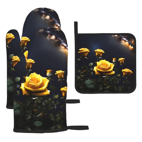 Schöne gelbe Rosen, 3-teiliges Ofenhandschuh-Set, verbrühungssichere Mikrowellen-Ofenhandschuhe mit dem Komfort zum Öffnen von Topfdeckeln Schöne gelbe Rosen, 3-teiliges Ofenhandschuh-Set, verbrühungssichere Mikrowellen-Ofenhandschuhe mit dem Komfort zum Öffnen von Topfdeckeln von SamLng