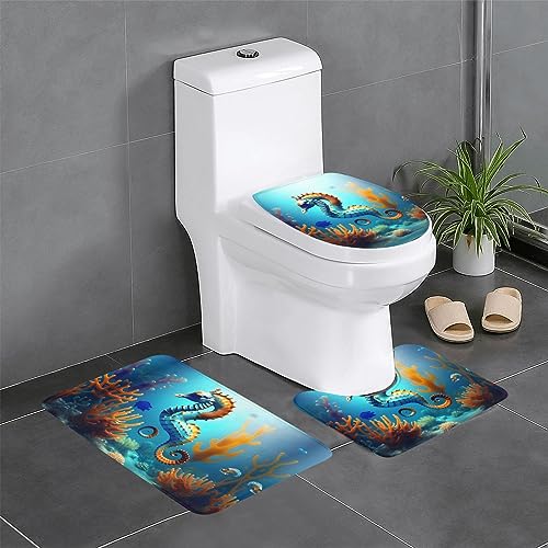 Seabed Coral Seepferdchen, 3-teiliges Badteppich-Set, saugfähige Badezimmermatten, Badewanne, Duschvorleger, ideal für Schminktische und Ferienhäuser von SamLng