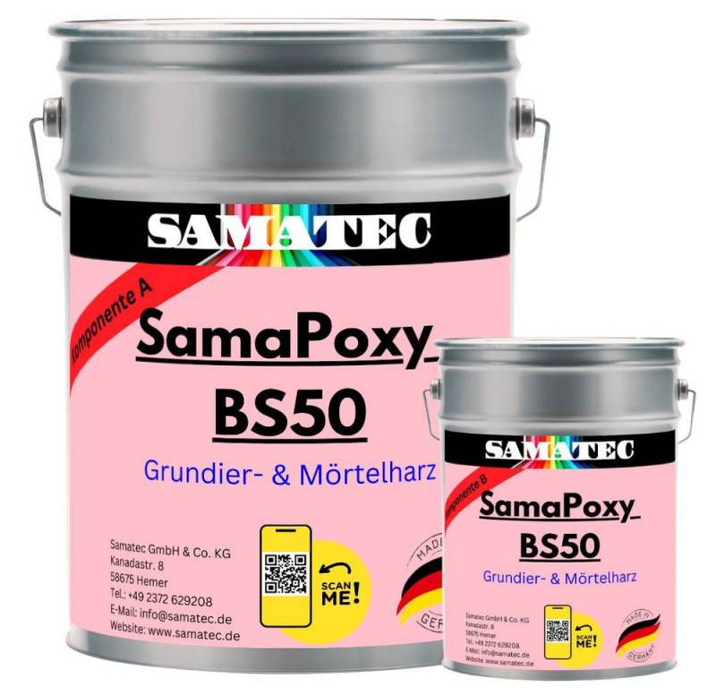 Samatec Haftgrund 2K Epoxid BS50 Mörtelharz Grundierung inkl. VSK Beton isolieren, 1kg für 5m², 4kg für 20m², 8kg für 40m², 24kg für 120m², geruchsneutral, weichmacherbeständig, lösemittlfrei, hochbelastbar von Samatec