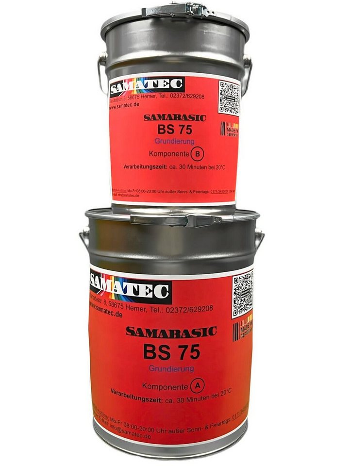 Samatec Kunststoffgrundierung Bodenbeschichtung BS75 inkl. VSK Betongrundierung 2K Epoxid, 1kg für 5m², 2,5kg für 12,5m², 5kg für 25m², 10kg für 50m², geruchsneutral, widerstandsfähig, weichmacherbeständig, hochbelastbar von Samatec