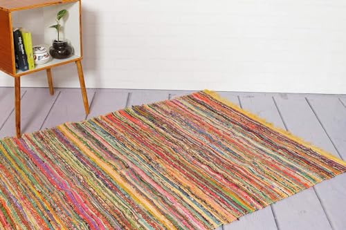 Chindi Flickenteppich, handgefertigt, Baumwolle, gefärbt, mehrfarbig, Raumdekoration, Yoga-Matte, Heimdekoration, recycelter Teppich, 1,5 x 0,9 m, Gelb Chindi Flickenteppich, handgefertigt, Baumwolle, gefärbt, mehrfarbig, Raumdekoration, Yoga-Matte, Heimdekoration, recycelter Teppich, 1,5 x 0,9 m, Gelb von Sambhav Quilt Hub