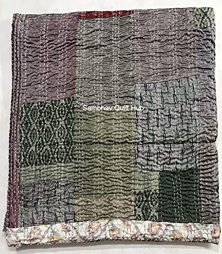 Sambhav Quilt Hub Graue, handgefertigte Seide, Sari-Patola, Queen-Size-Größe, Patchwork-Seide, Kantha-Steppdecke, 228 x 274 cm, Tagesdecke, Seiden-Patola-Steppdecke, Überwurf, Decke (mehrfarbiges von Sambhav Quilt Hub