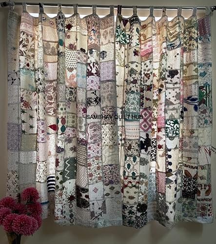 Sambhav Quilt Hub 2 Stück indischer Vintage-Patchwork-Stoff mit Patchwork-Motiv, handgefertigt, für Tür, Tür, Fenster, Vorhang-Set (weiß) von Sambhav Quilt Hub