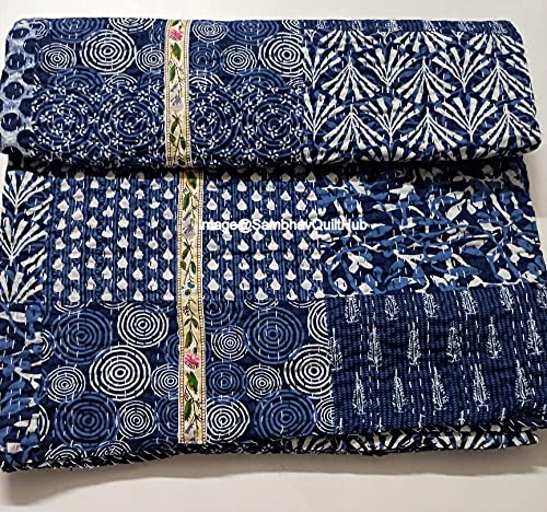 Sambhav Quilt Hub Blaue indigo-Druck weniger Baumwolle Handblock gesteppte Decke indische Cottodspread Kantha Indigo Print Beork Bohemian Bett Dekor Block Überwurf Decke von Sambhav Quilt Hub
