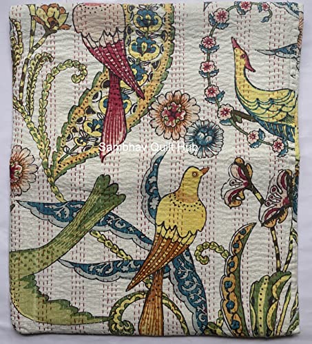 Sambhav Quilt Hub Handblock Animal Print handgefertigte Baumwolle Kantha Quilting Boho Überwurfdecke Hippie Queen/King Size Bohemian Block Kantha Quilt von Sambhav Quilt Hub